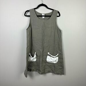 Match Point USA 100% Linen apron Lagenlook boho olive green dress